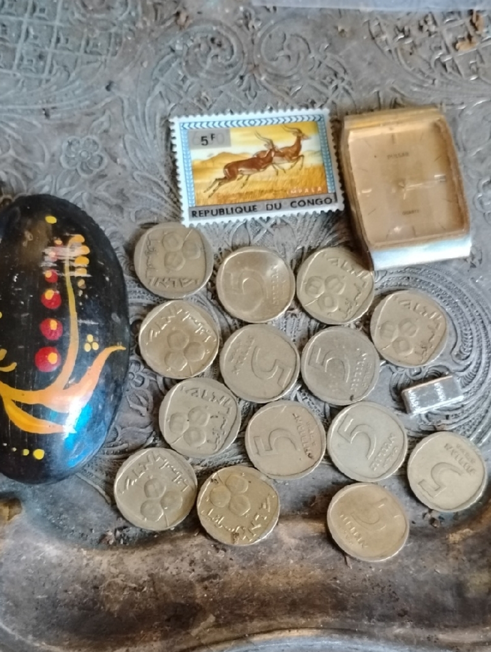 Vintage Arogot(14)Coins &Painted Brooch &60's Watch & Silver Mini Bar